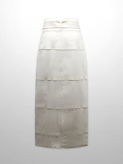 Stitched Tiered Belted Denim Skirt-Cream