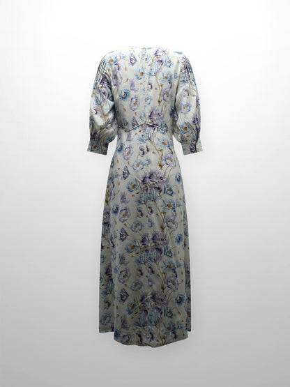 Pleated Sleeve High Waisted Dress-Floral