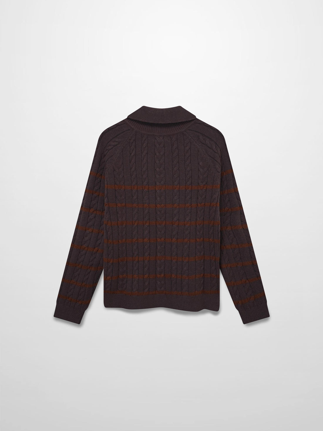 Shawl Snap Collar Striped Cable Sweater-Grey/Brown