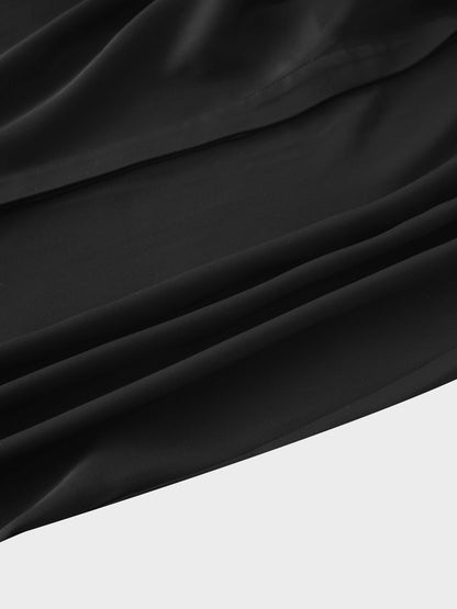 Pleat Neck Belted Dress-Black