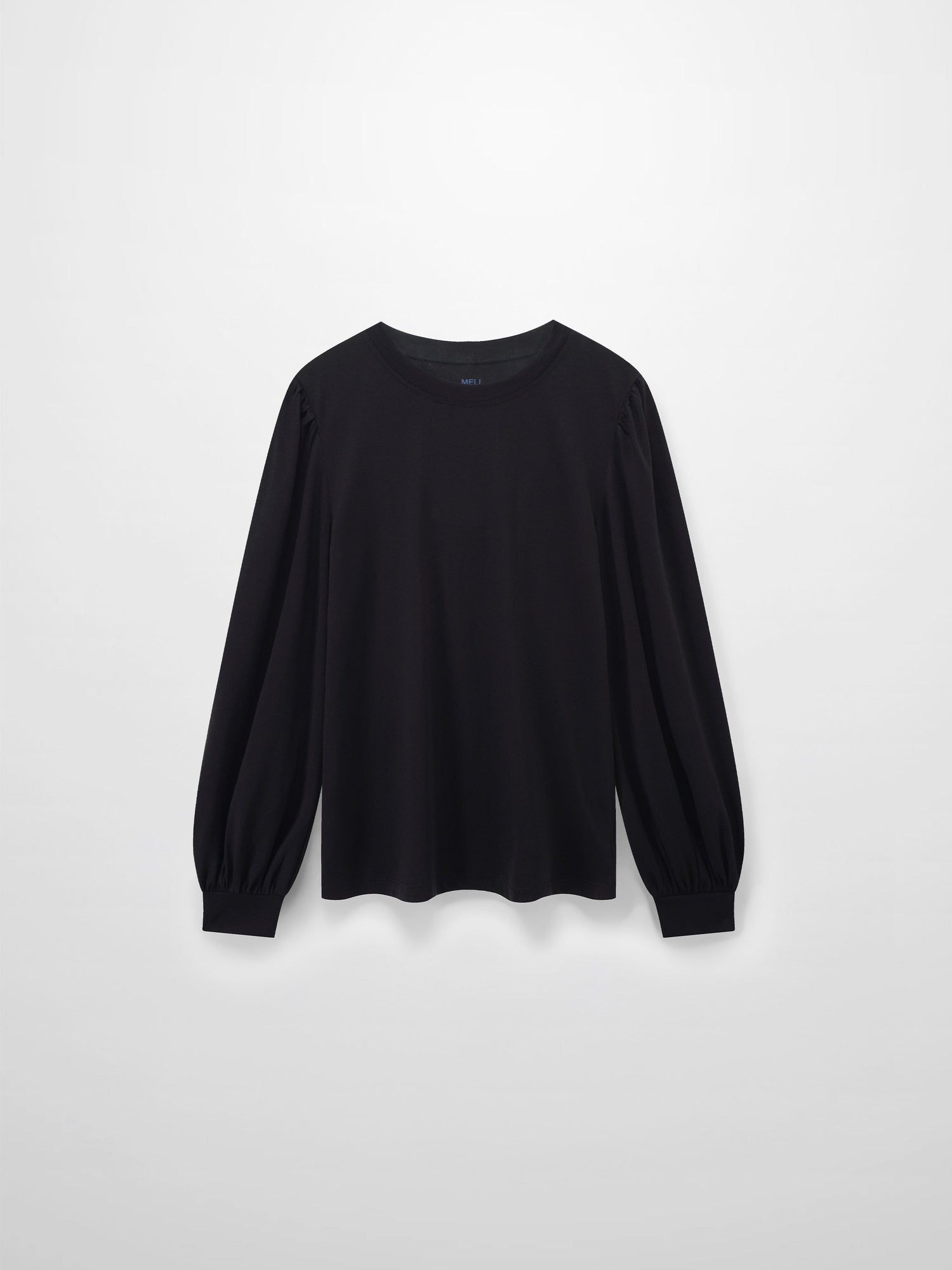 A full, front view of the black, long-sleeved shirt. It shows the puffed shoulders and voluminous sleeves that gather into fitted cuffs.