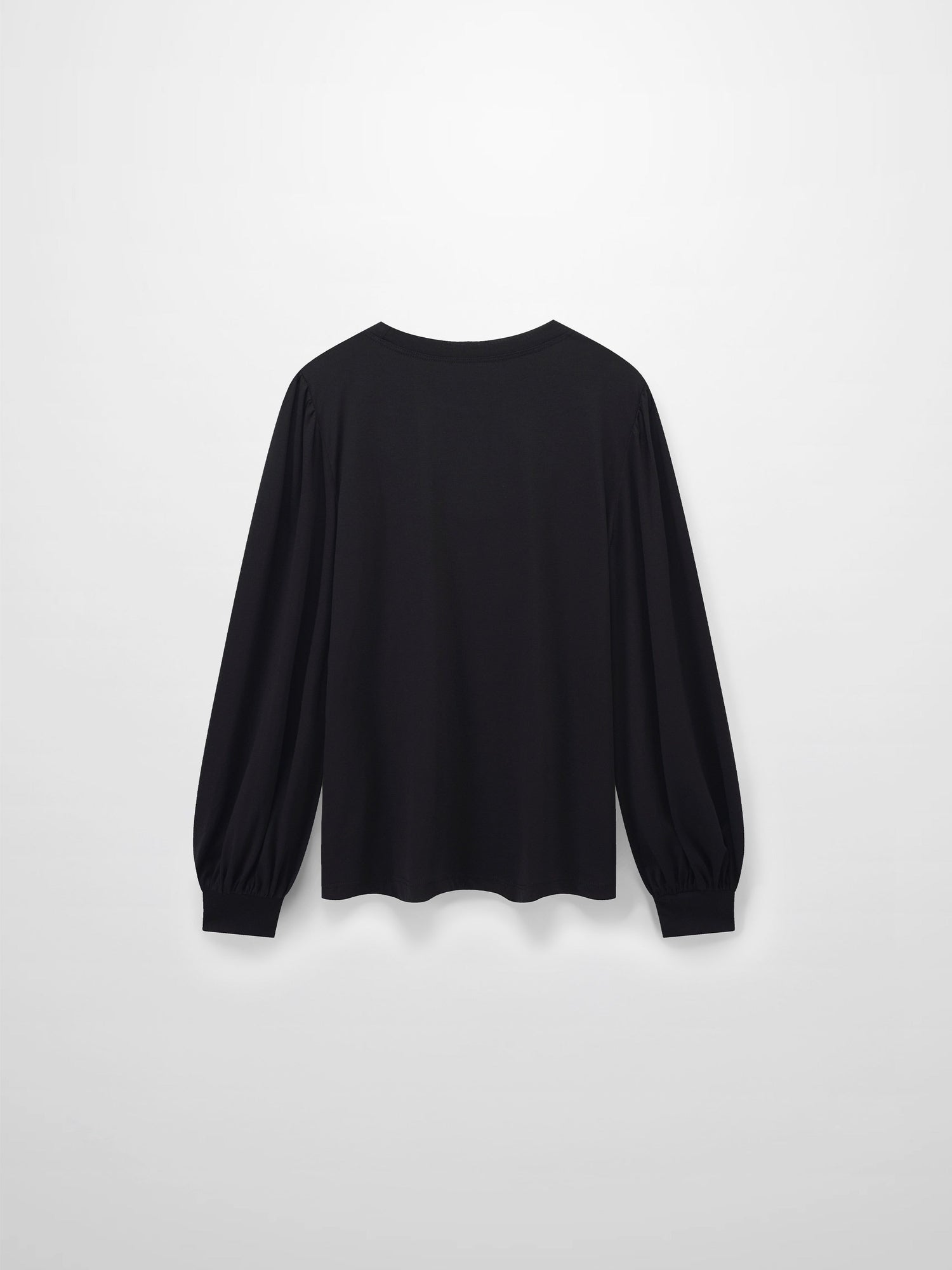 A full, back view of the black, long-sleeved shirt. The puffed shoulders and voluminous, gathered sleeves are visible from behind.