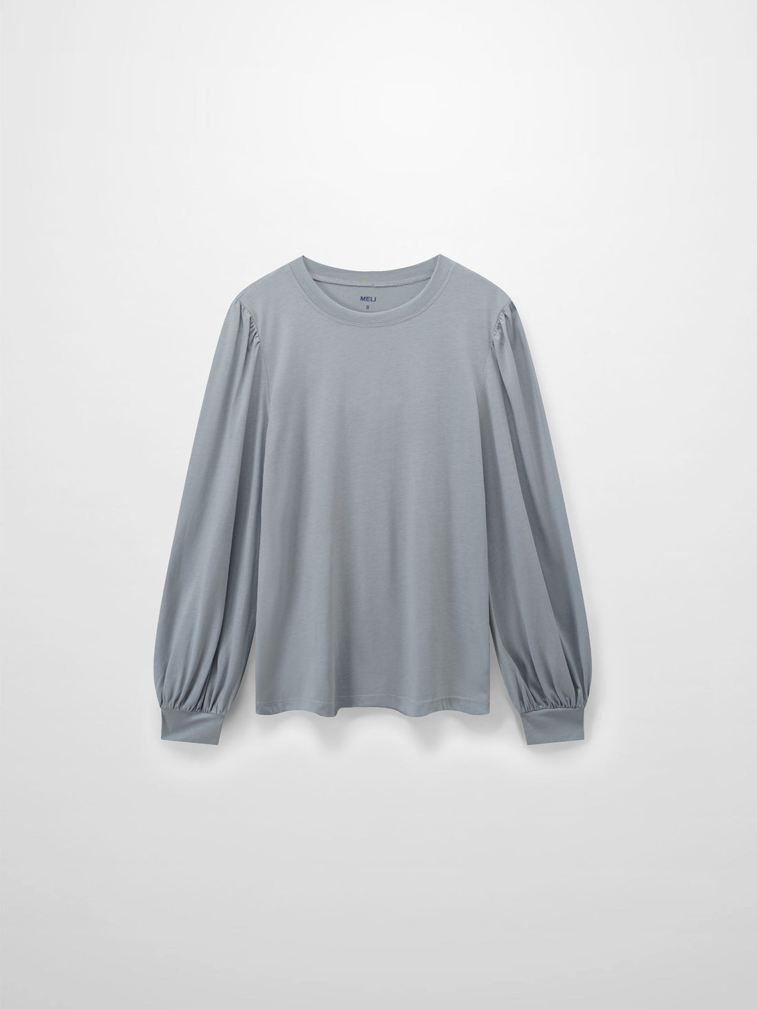 A full, front view of the light gray, long-sleeved shirt. The design&