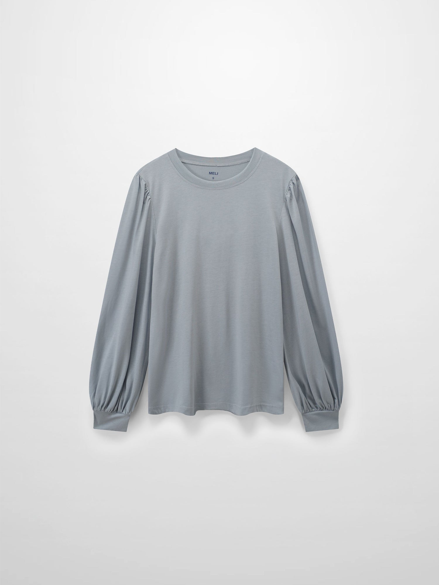 A full, front view of the light gray, long-sleeved shirt. The design&