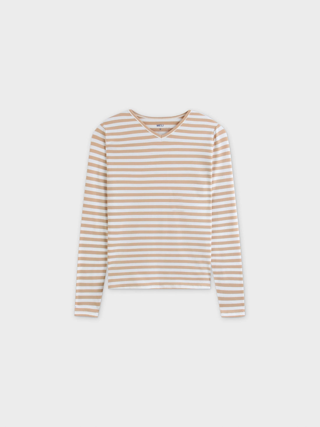 Thin Stripe High V Tee-Tan/White Stripe