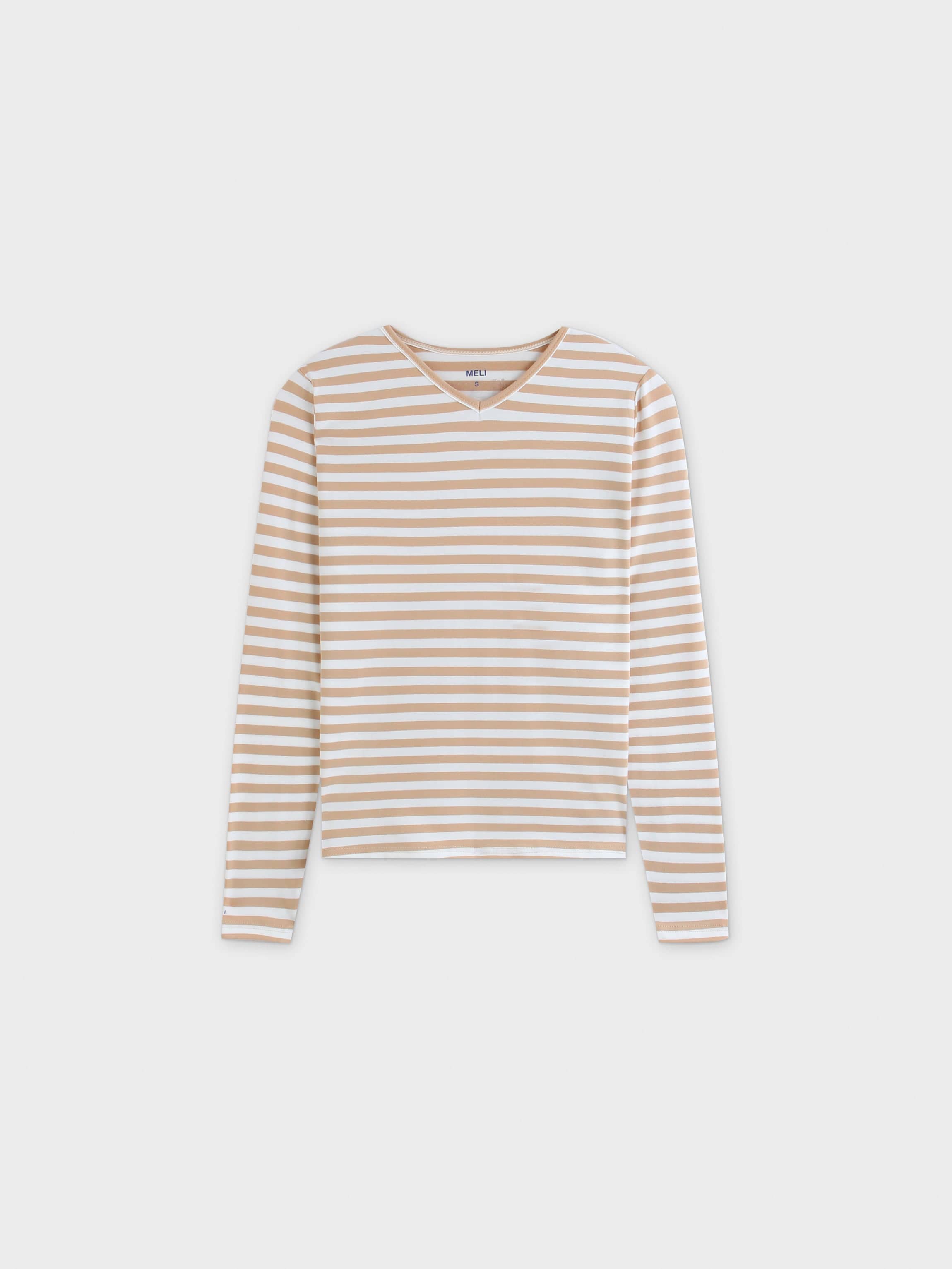 Thin Stripe High V Tee-Tan/White Stripe