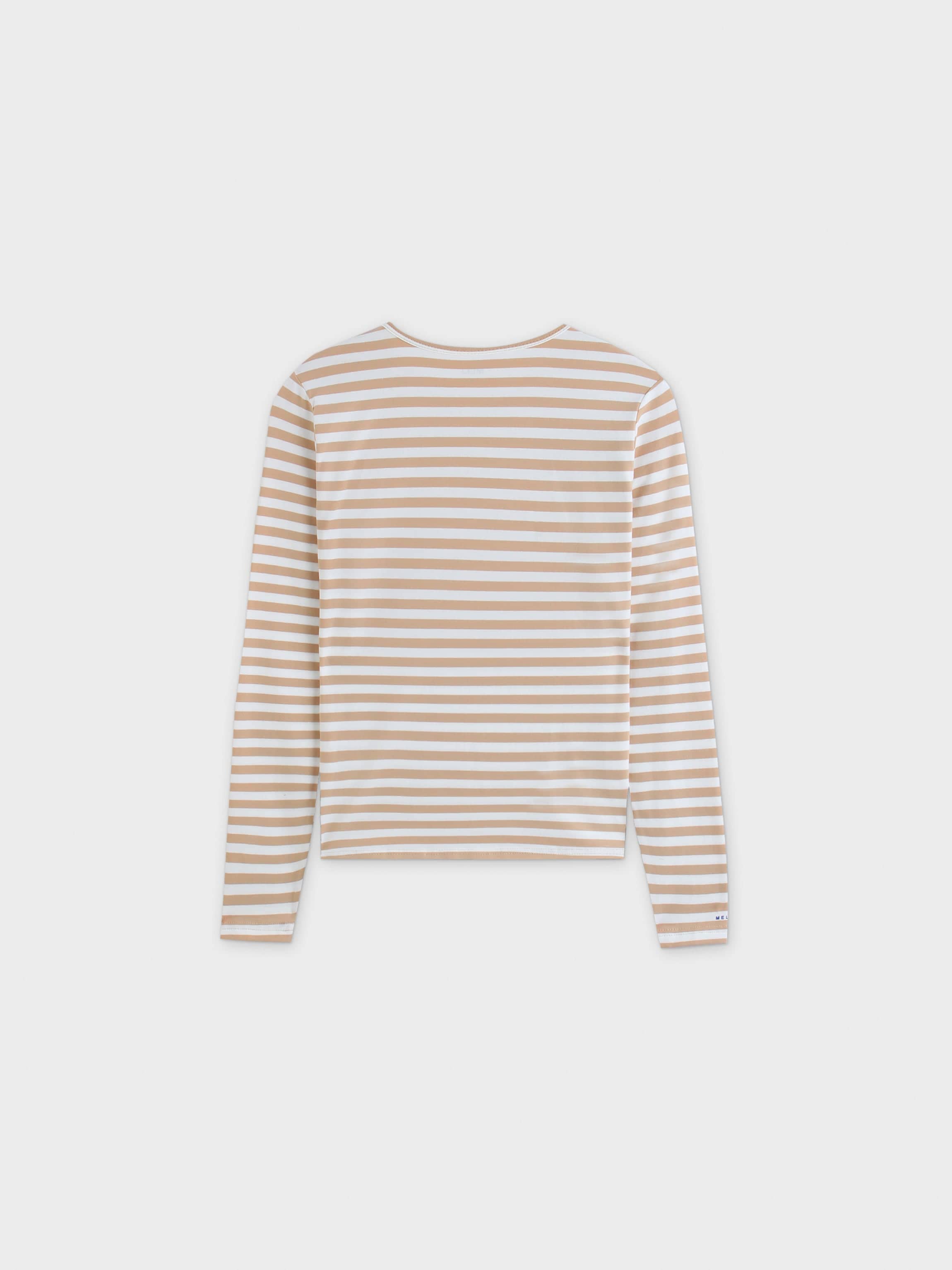 Thin Stripe High V Tee-Tan/White Stripe