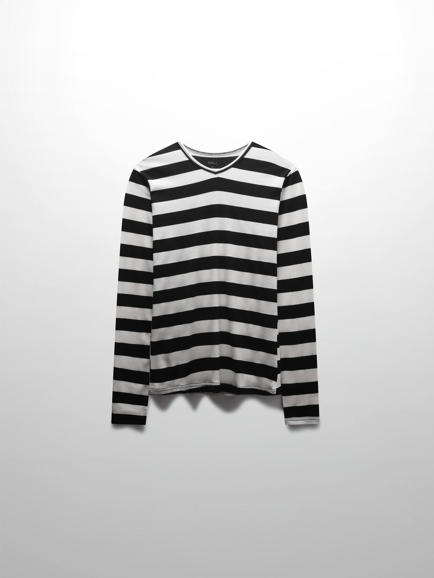 Ribbed Striped High V Tee Long Sleeve-White/Black