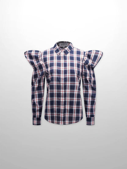Puff Sleeve Blouse-Nautical Plaid