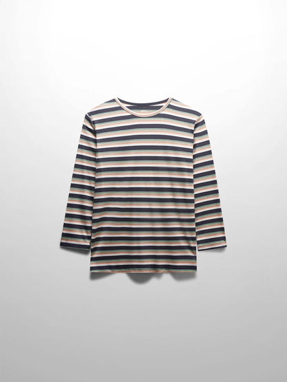 Ribbed Striped Crew 3/4 Sleeve-Brown/Ivory