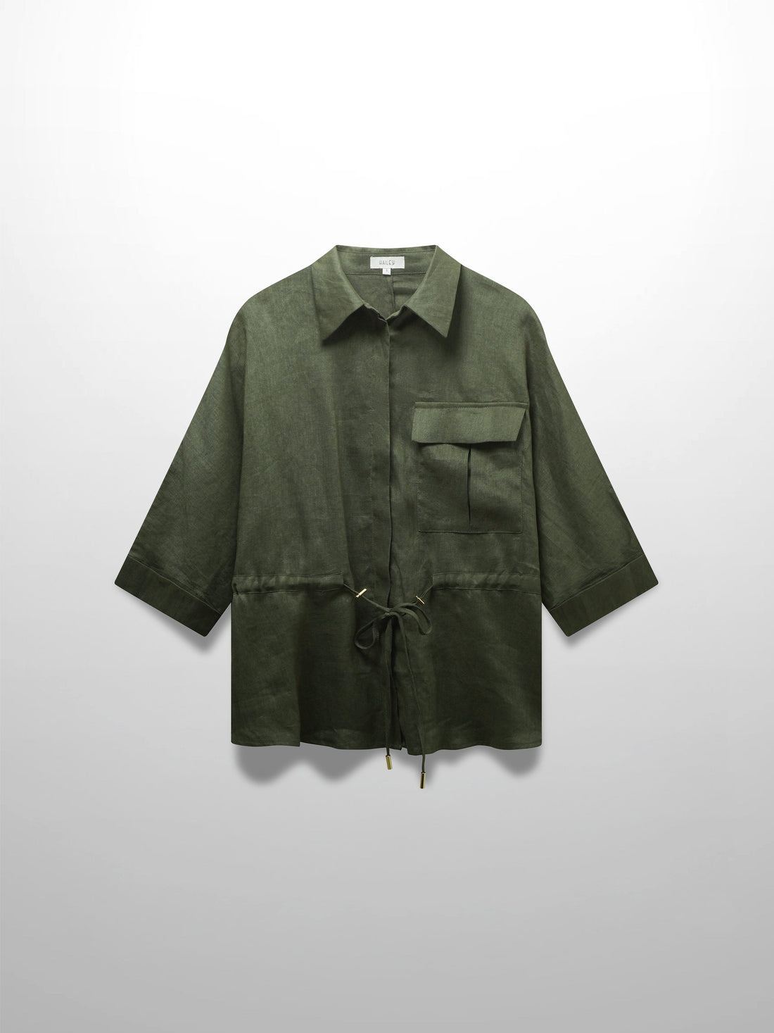Drawstring Button Down Linen Top-Olive Green