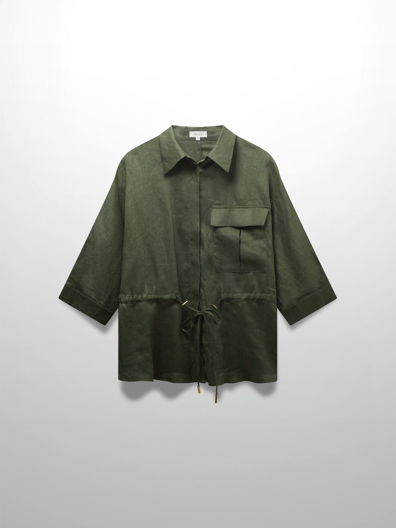 Drawstring Button Down Linen Top-Olive Green