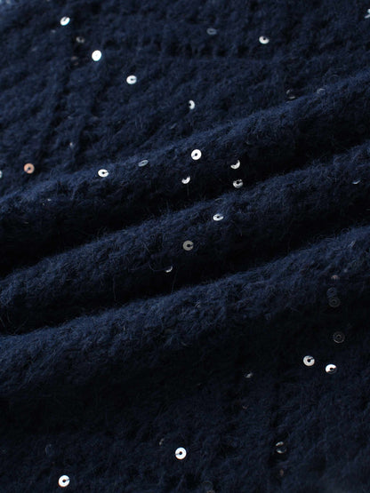 Open Crochet Knit Sequin Sweater-Navy