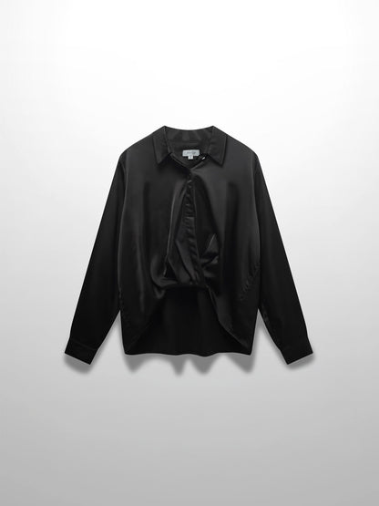 High/Low Faux Satin Crossover Top-Black