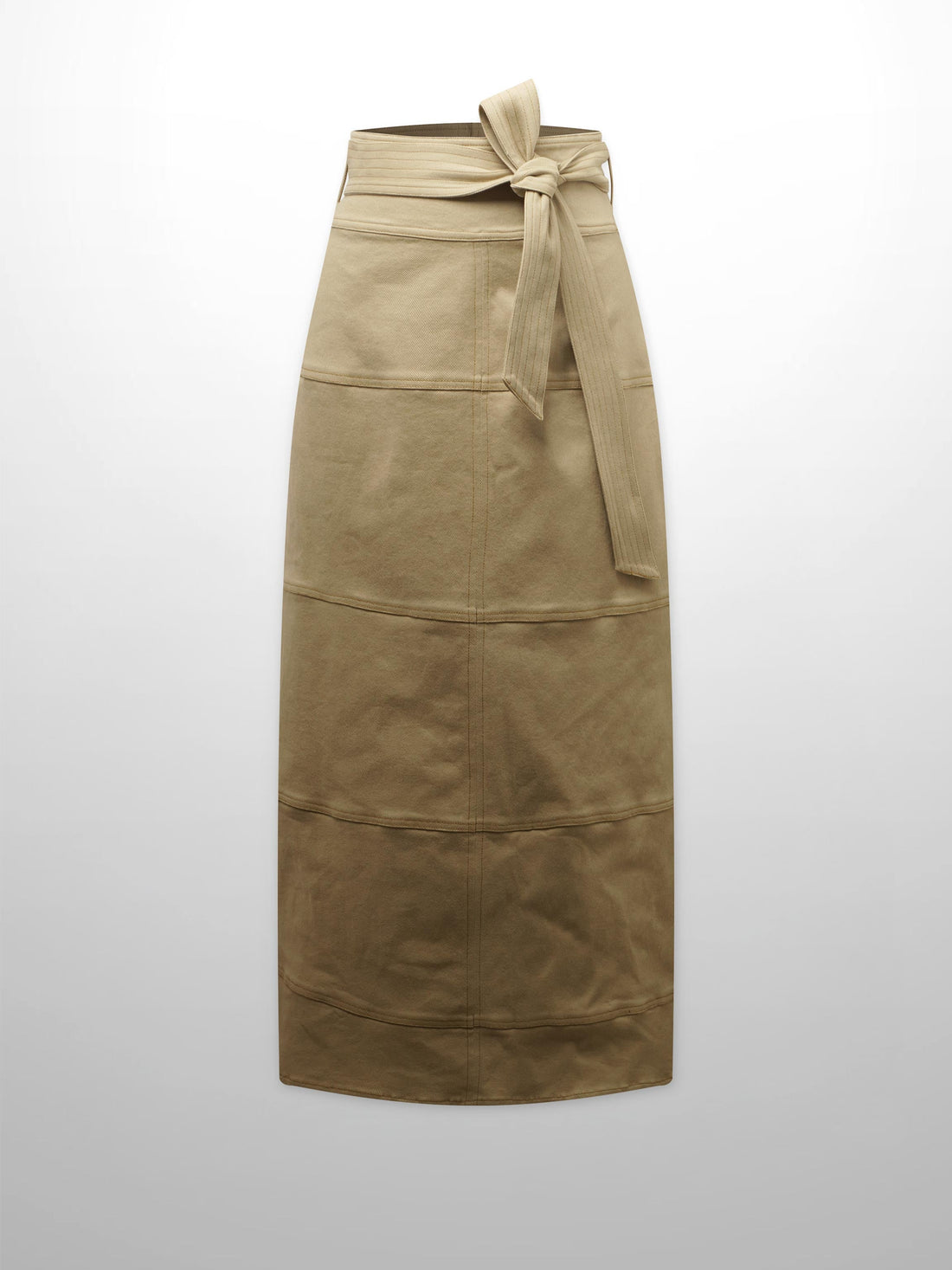 Stitched Tiered Belted Denim Skirt-Khaki