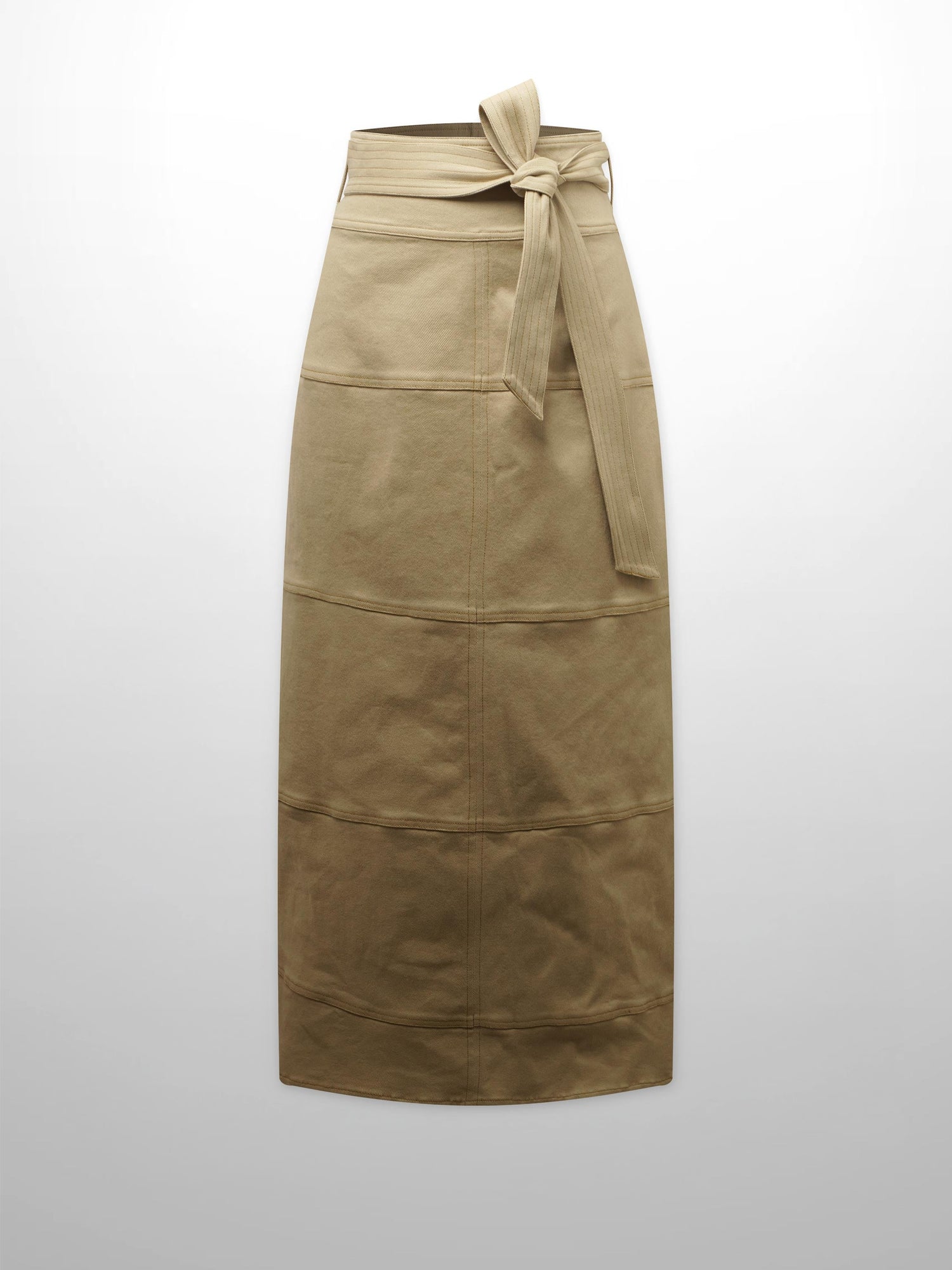 Stitched Tiered Belted Denim Skirt-Khaki