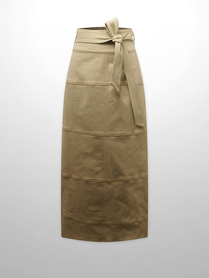 Stitched Tiered Belted Denim Skirt-Khaki