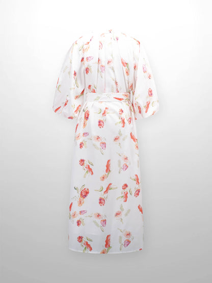 Pleat Neck Belted Dress-Peach Floral
