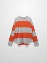 Front of a long-sleeved shirt with horizontal orange and grey stripes.