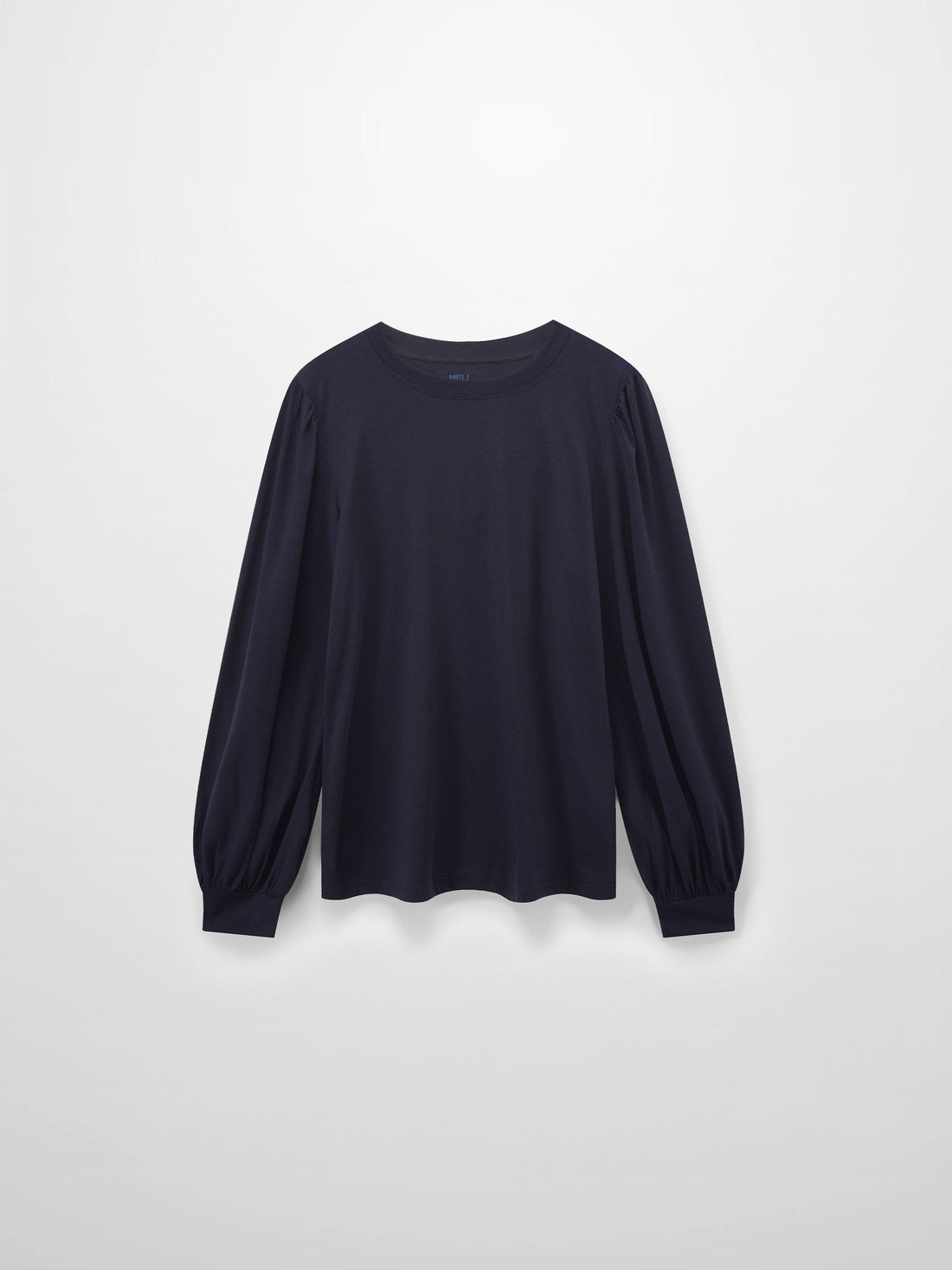 A full, front view of the dark purple, long-sleeved shirt. It shows the puffed shoulders and voluminous sleeves that gather into fitted cuffs.
