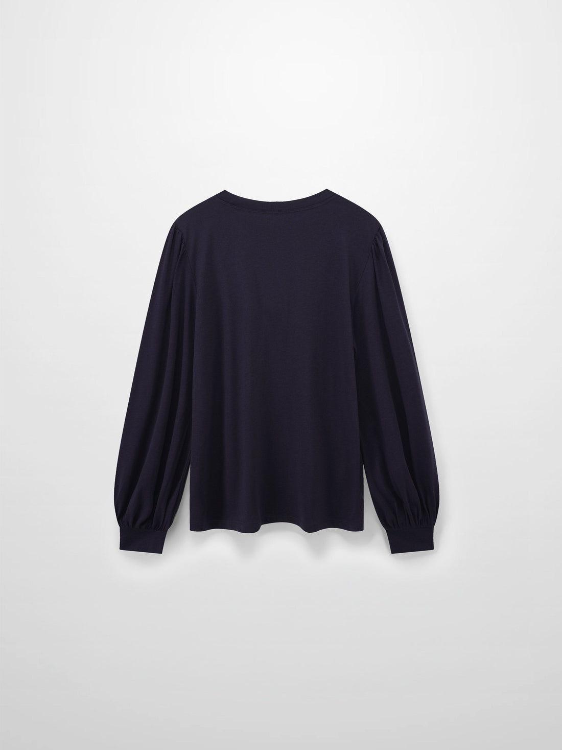 A full, back view of the dark purple, long-sleeved shirt. The puffed shoulders and voluminous, gathered sleeves are visible from behind.