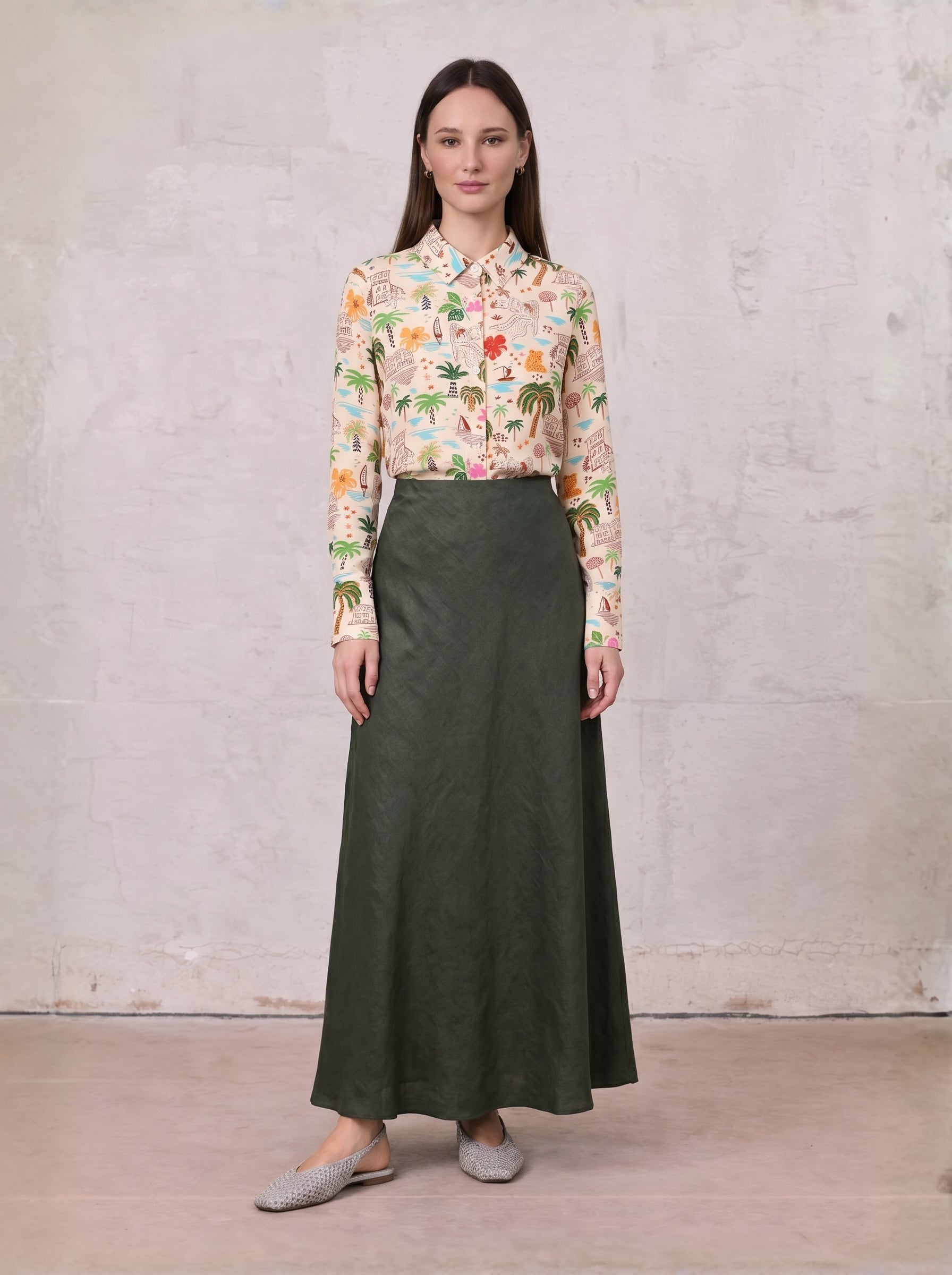 Linen Slip Skirt-Olive Green