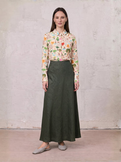 Linen Slip Skirt-Olive Green