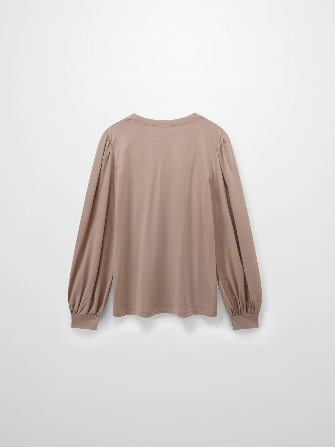 A full, back view of the long-sleeved beige shirt. The puffed shoulders and gathered, voluminous sleeves are visible from behind.