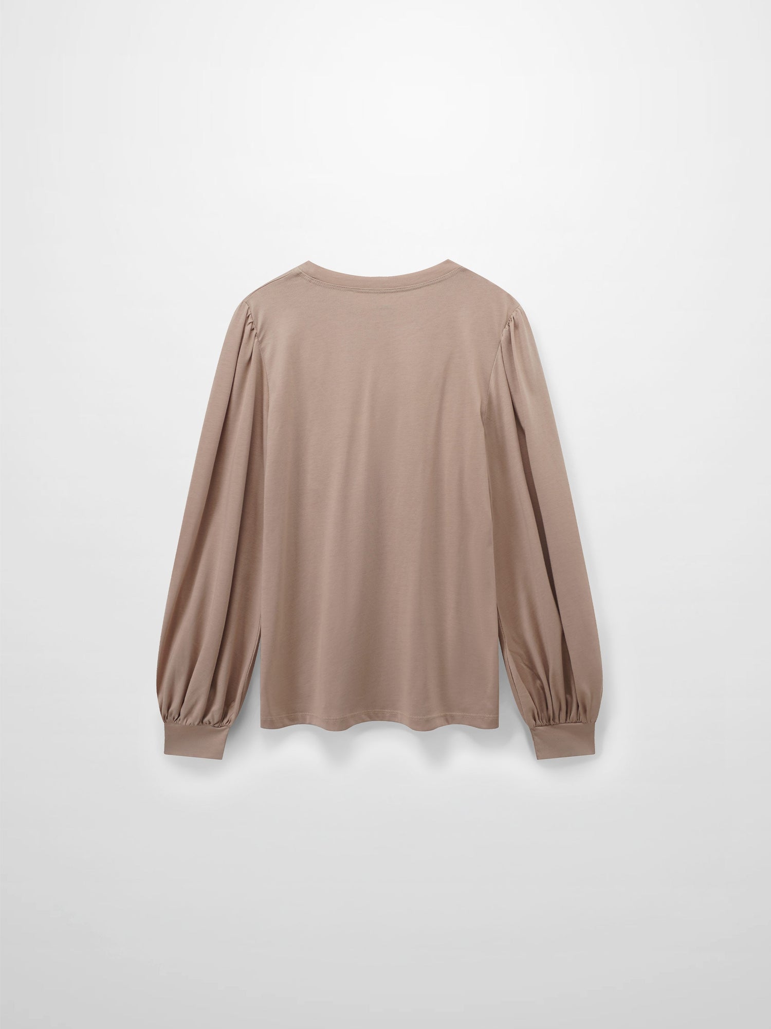 A full, back view of the long-sleeved beige shirt. The puffed shoulders and gathered, voluminous sleeves are visible from behind.