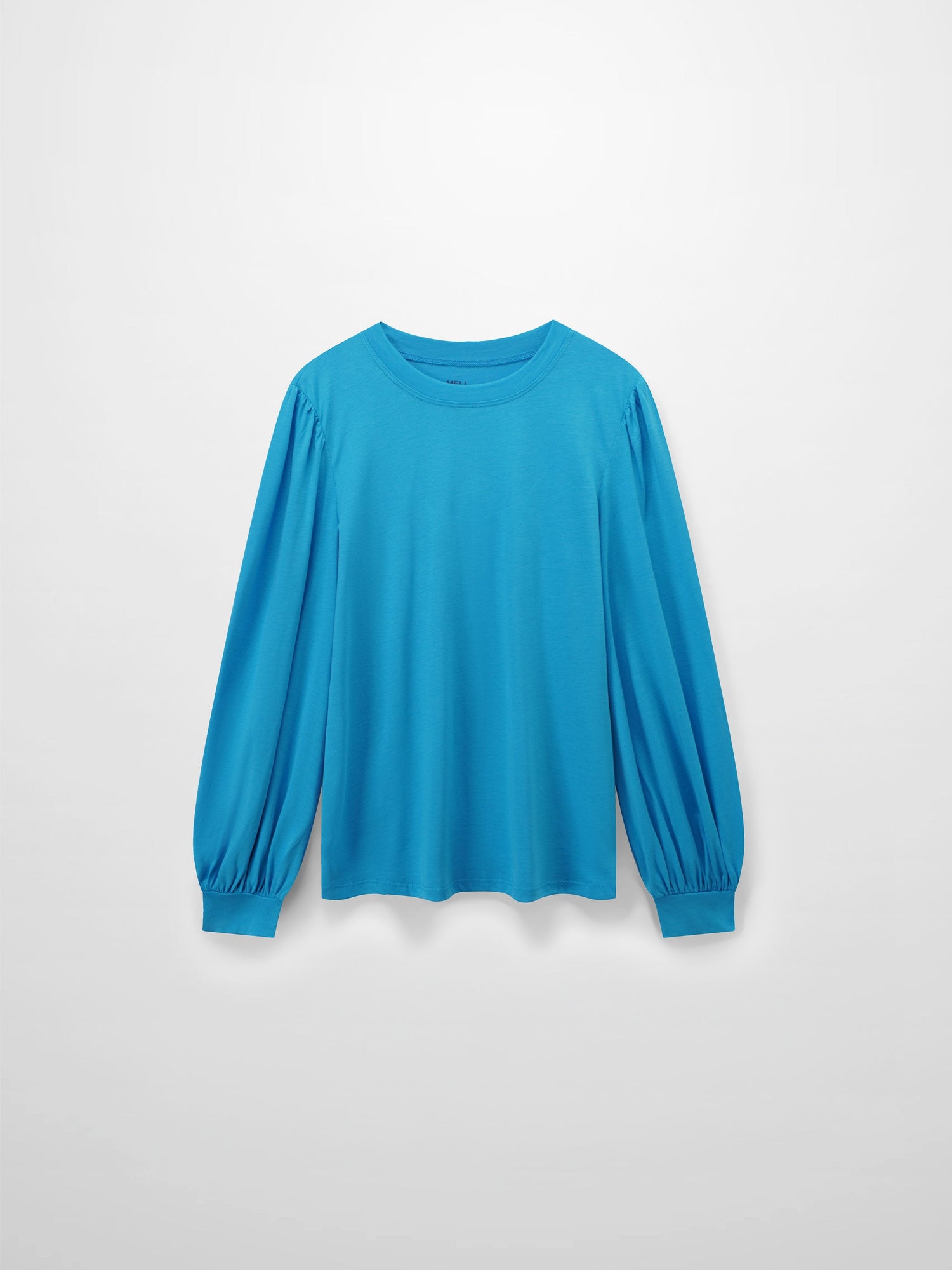A full, back view of the bright blue, long-sleeved shirt. The puffed shoulders and voluminous, gathered sleeves are visible from behind.