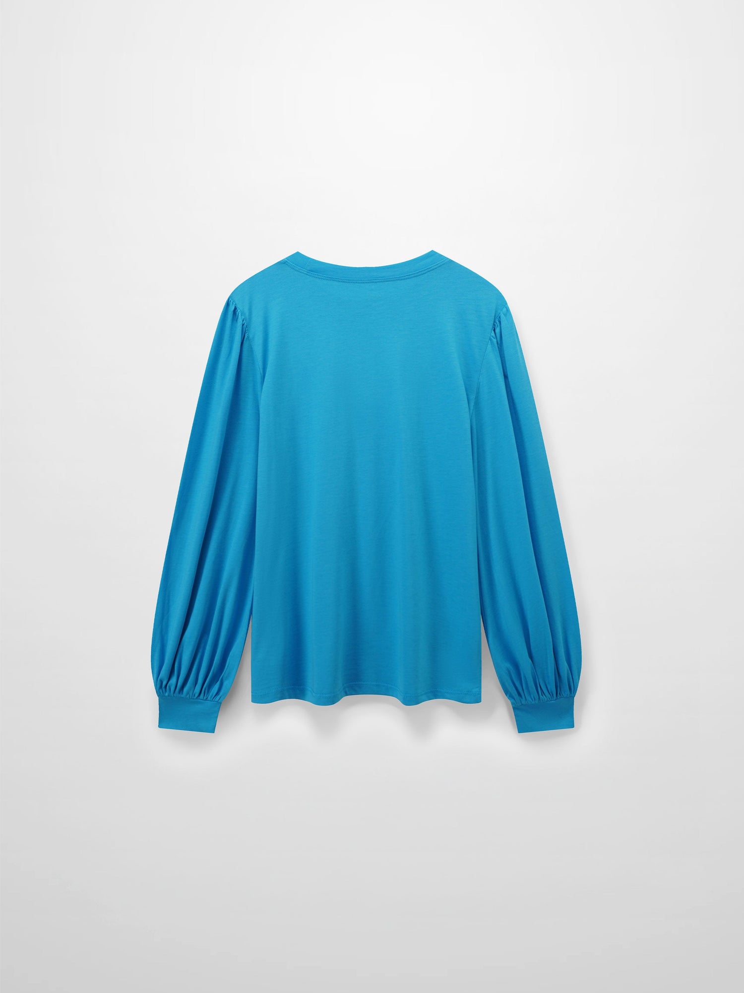 A full, back view of the bright blue, long-sleeved shirt. The puffed shoulders and voluminous, gathered sleeves are visible from behind.