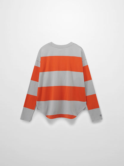 Back of a grey and orange striped long-sleeve shirt.