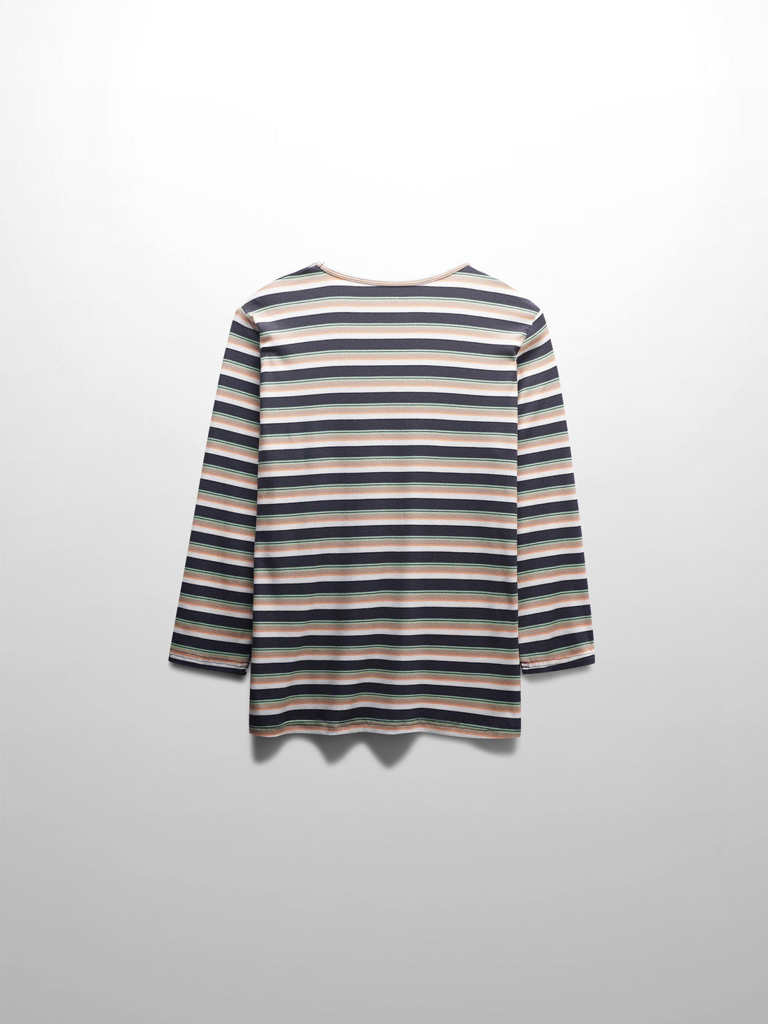 Ribbed Striped Crew 3/4 Sleeve-Brown/Ivory