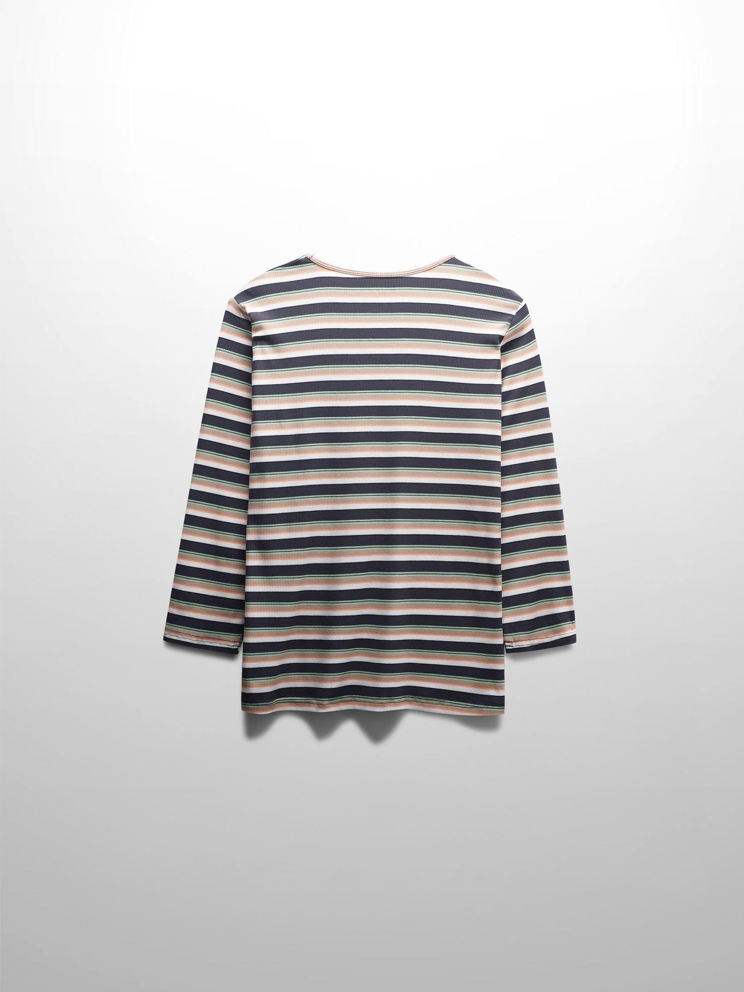 Ribbed Striped Crew 3/4 Sleeve-Brown/Ivory