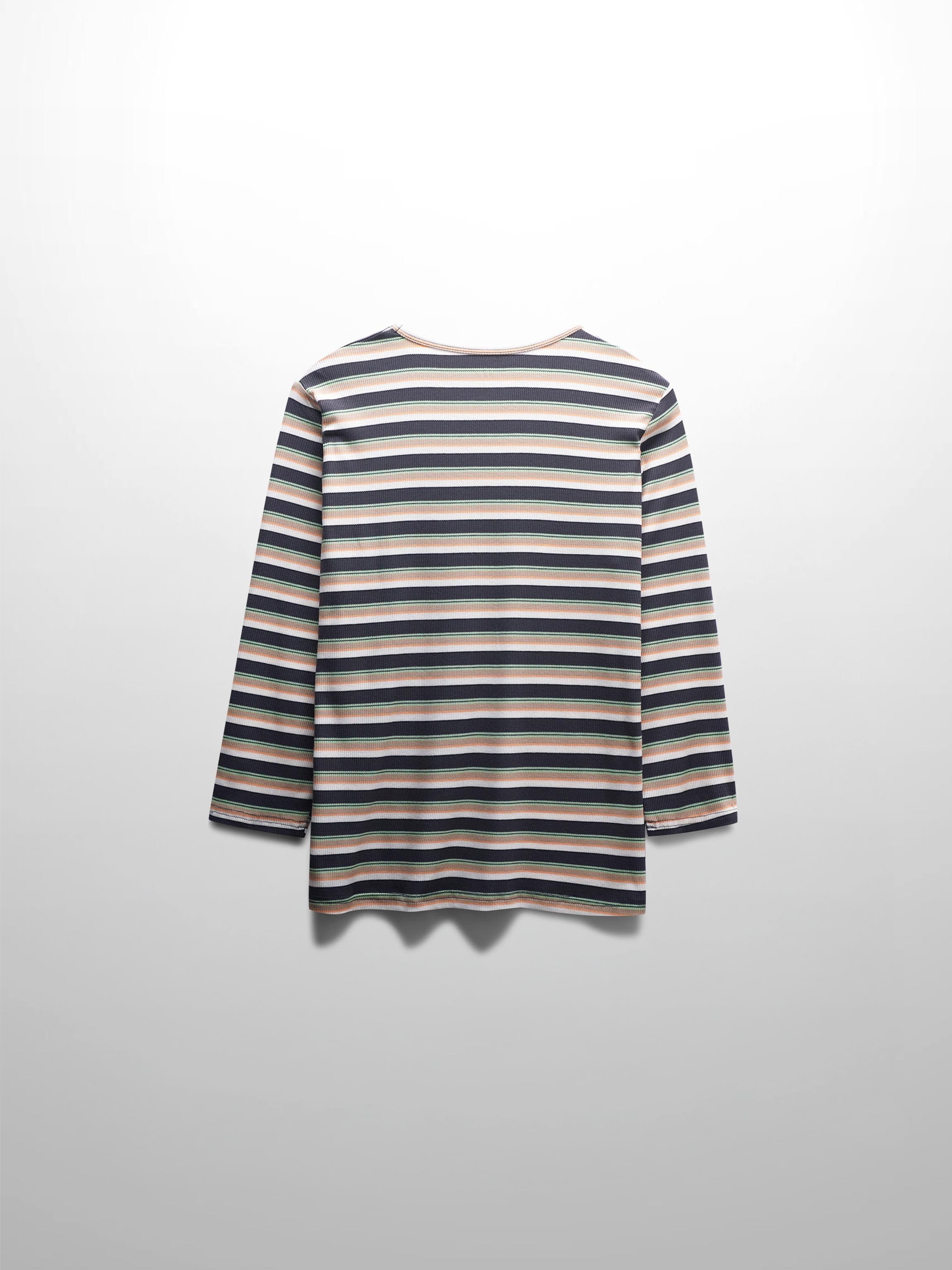 Ribbed Striped Crew 3/4 Sleeve-Brown/Ivory