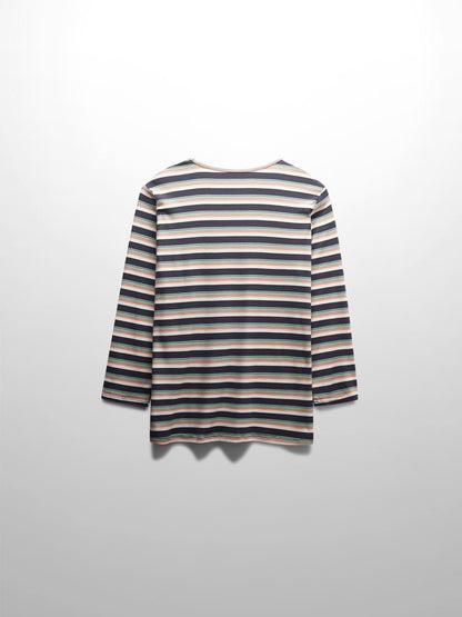Ribbed Striped Crew 3/4 Sleeve-Brown/Ivory