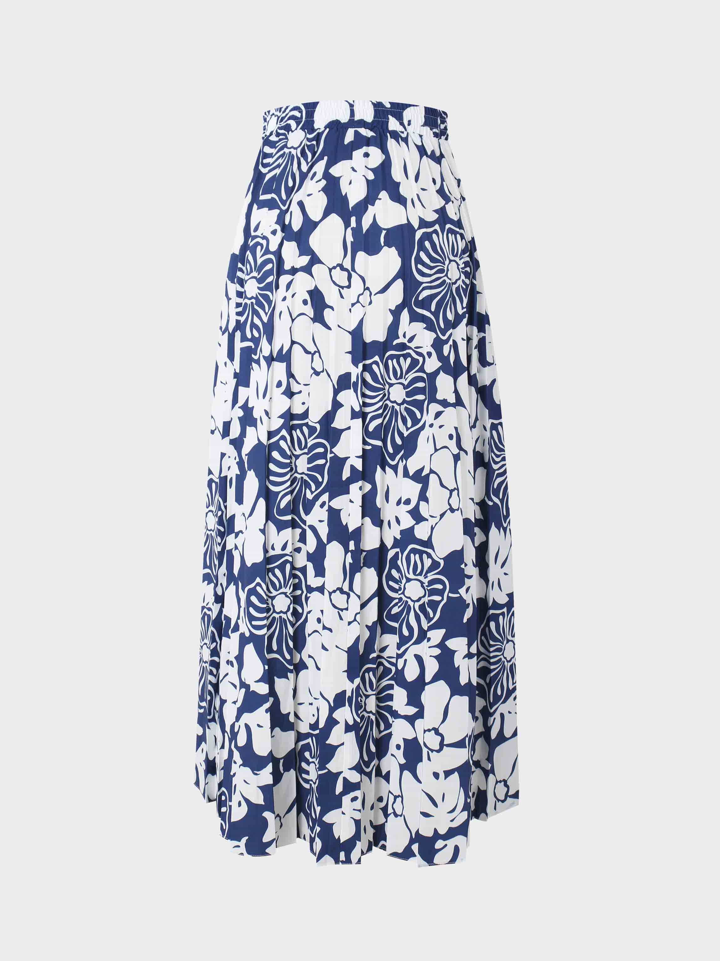 Covered Band Pleated Skirt 37"-Blue Floral