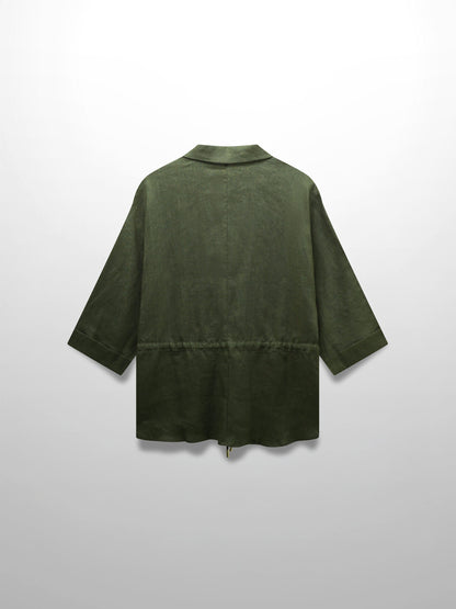 Drawstring Button Down Linen Top-Olive Green