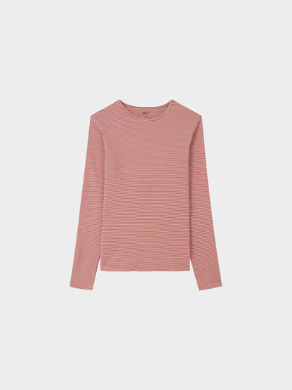 Waffle Striped Crew Tee-Rose/White