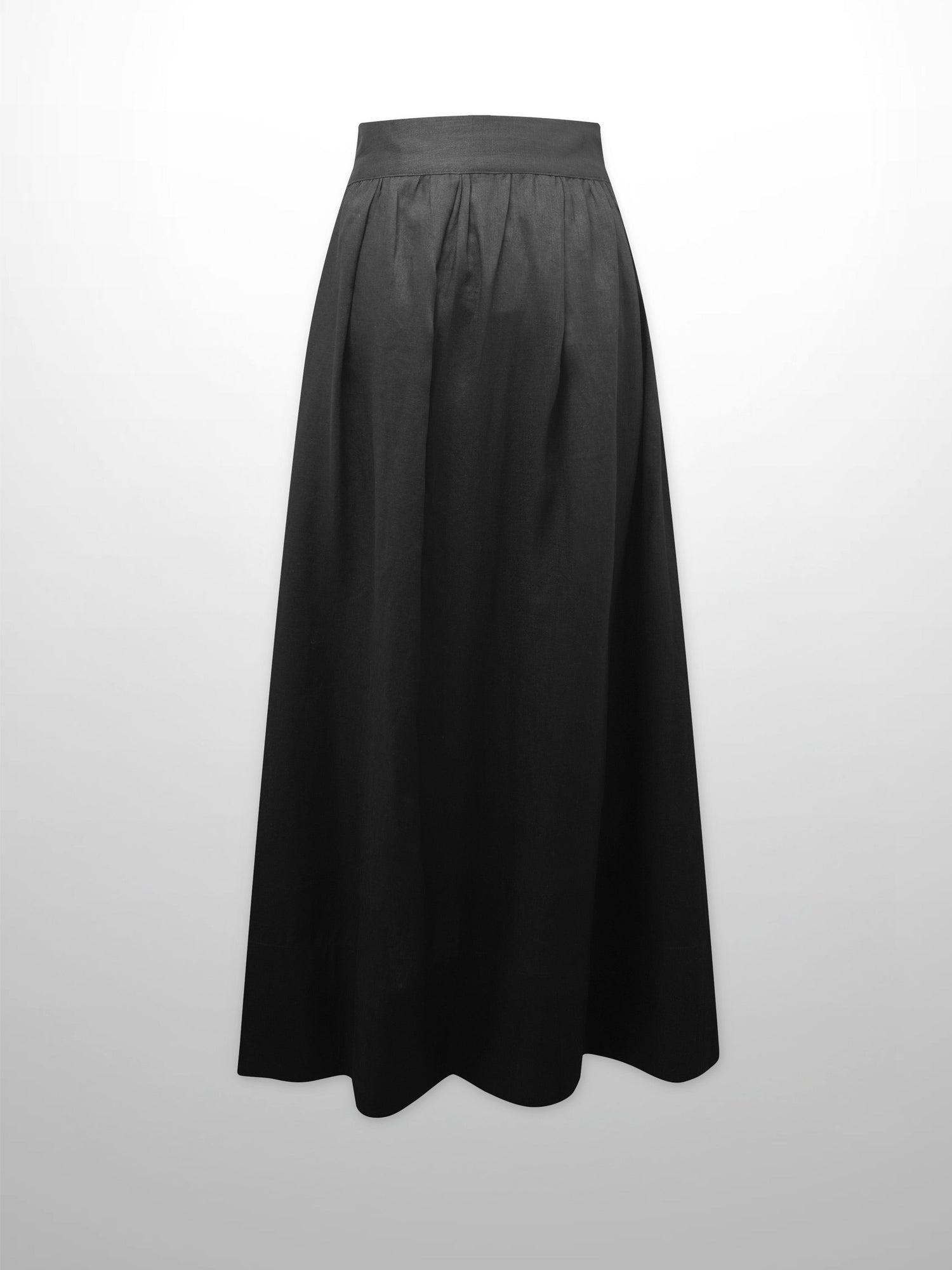 Gathered Waist Linen Skirt-Black