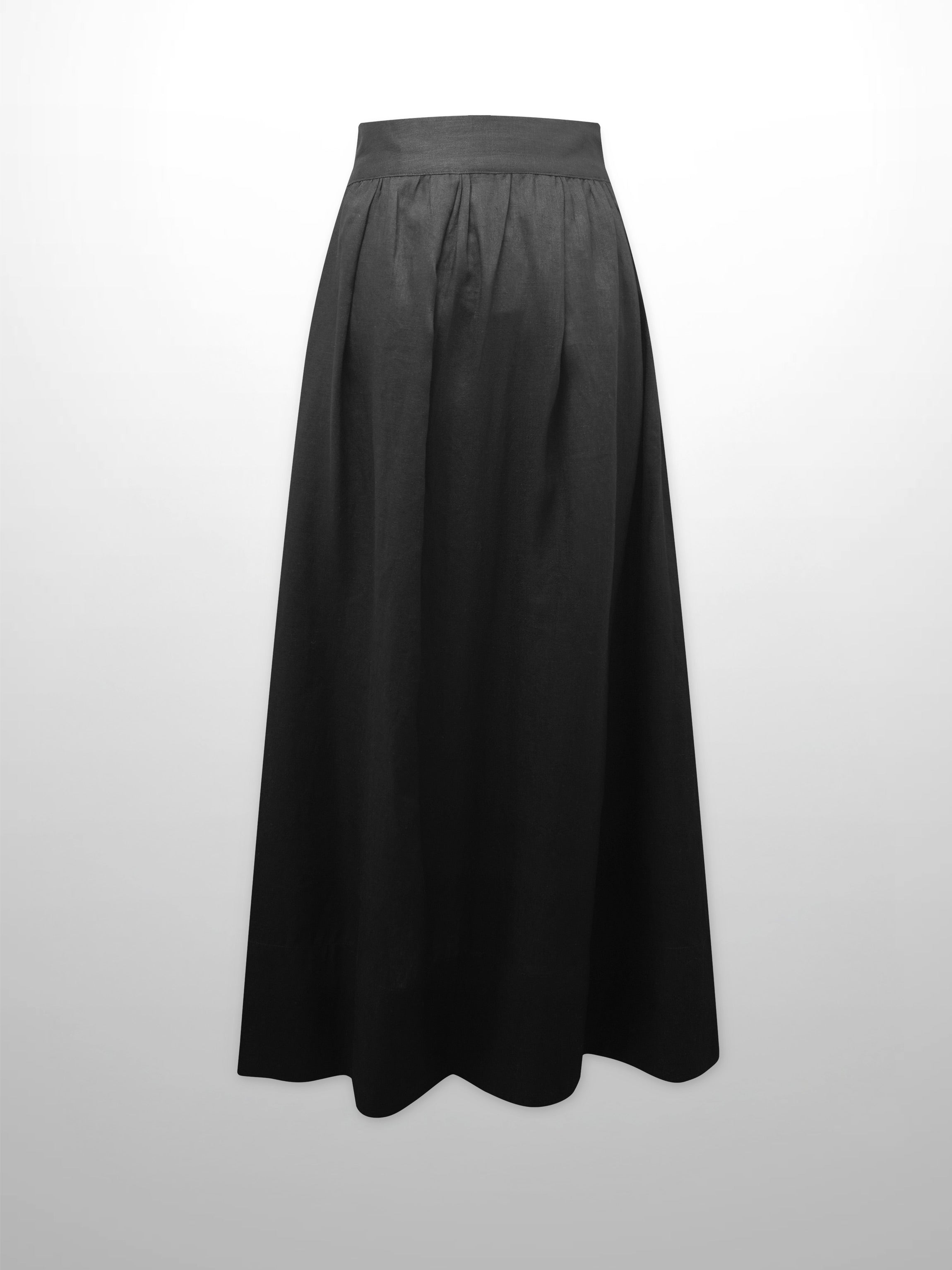 Gathered Waist Linen Skirt-Black