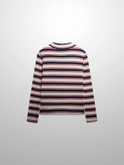 Striped Ribbed Turtleneck-Navy/Camel