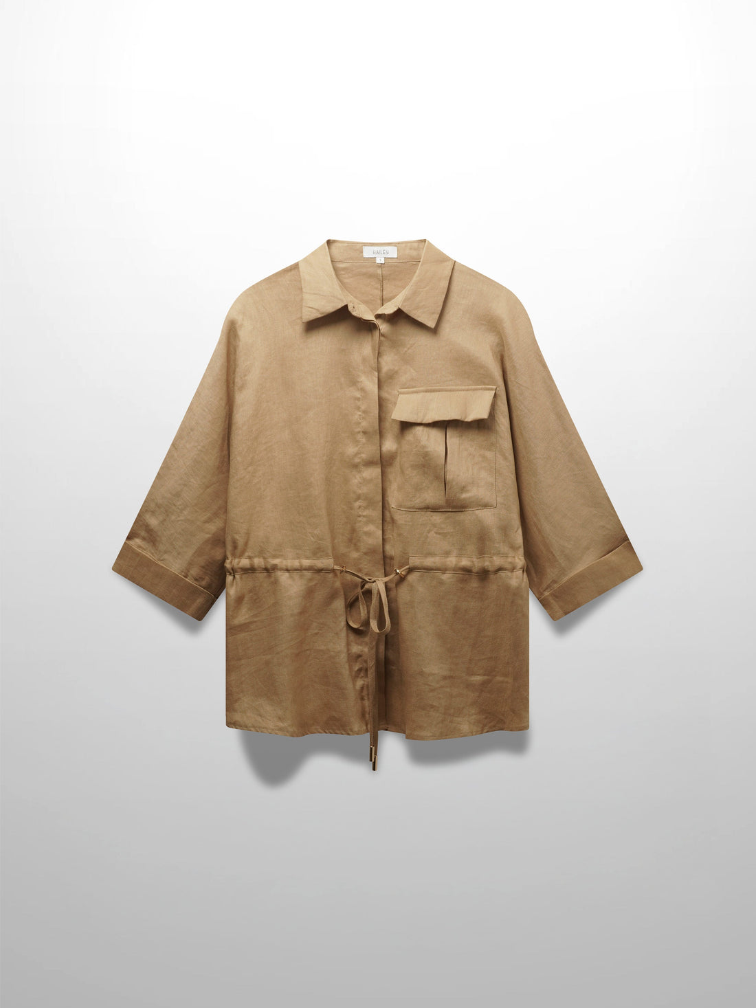 Drawstring Button Down Linen Top-Tan
