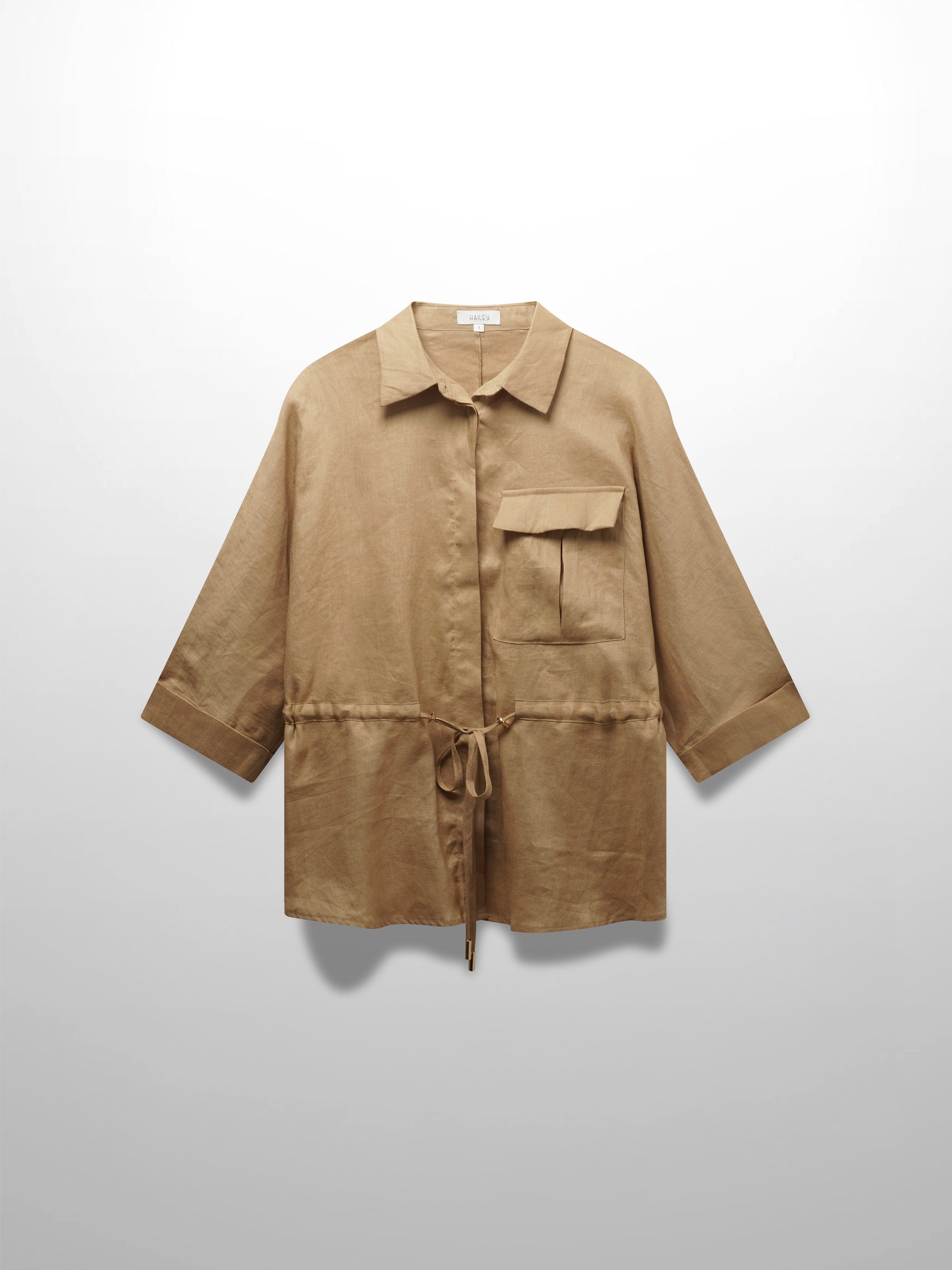 Drawstring Button Down Linen Top-Tan