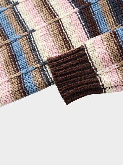 Overstitch Detail Striped Sweater-Brown