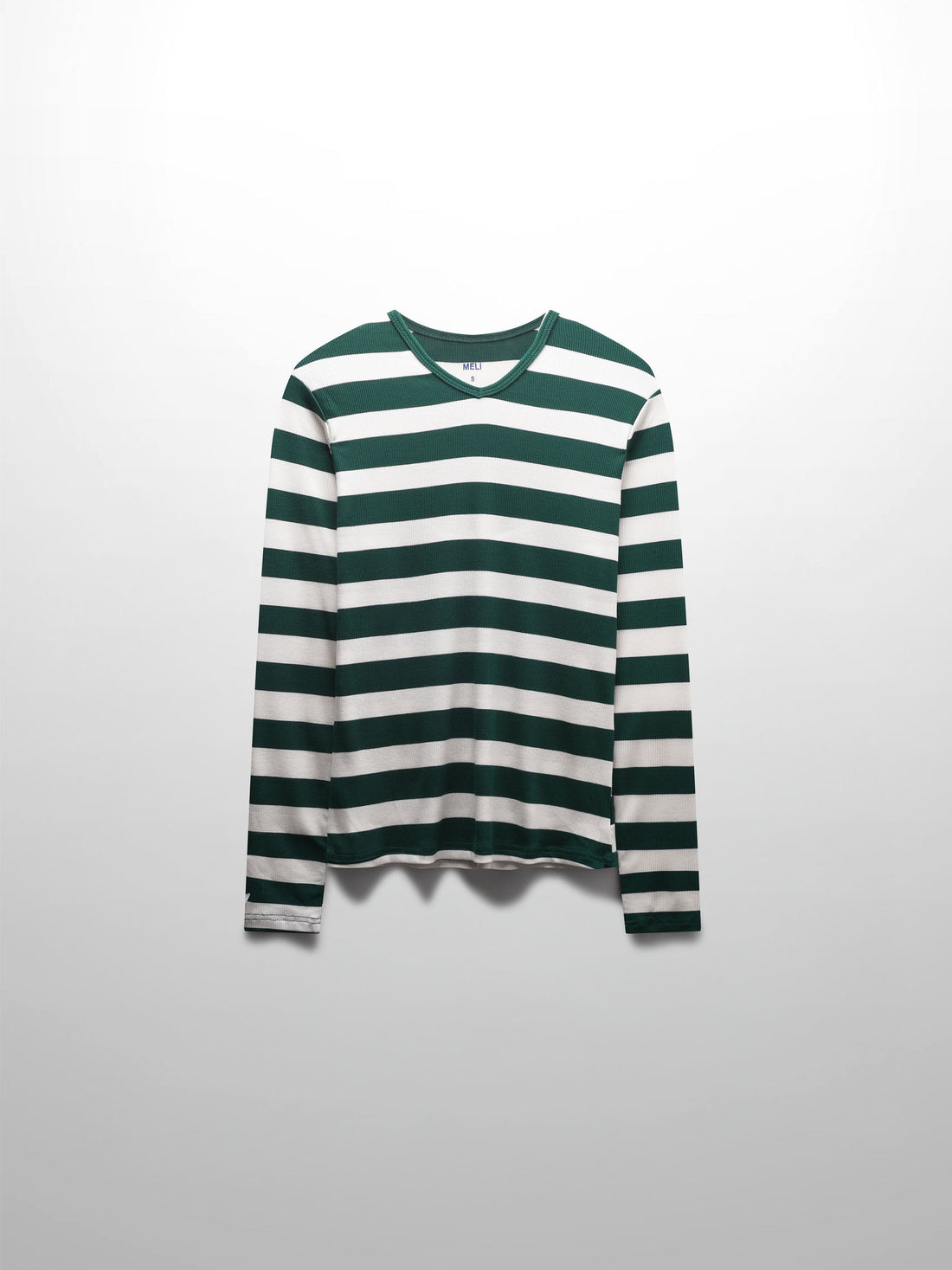 Ribbed Striped High V Tee Long Sleeve-Green/Ivory