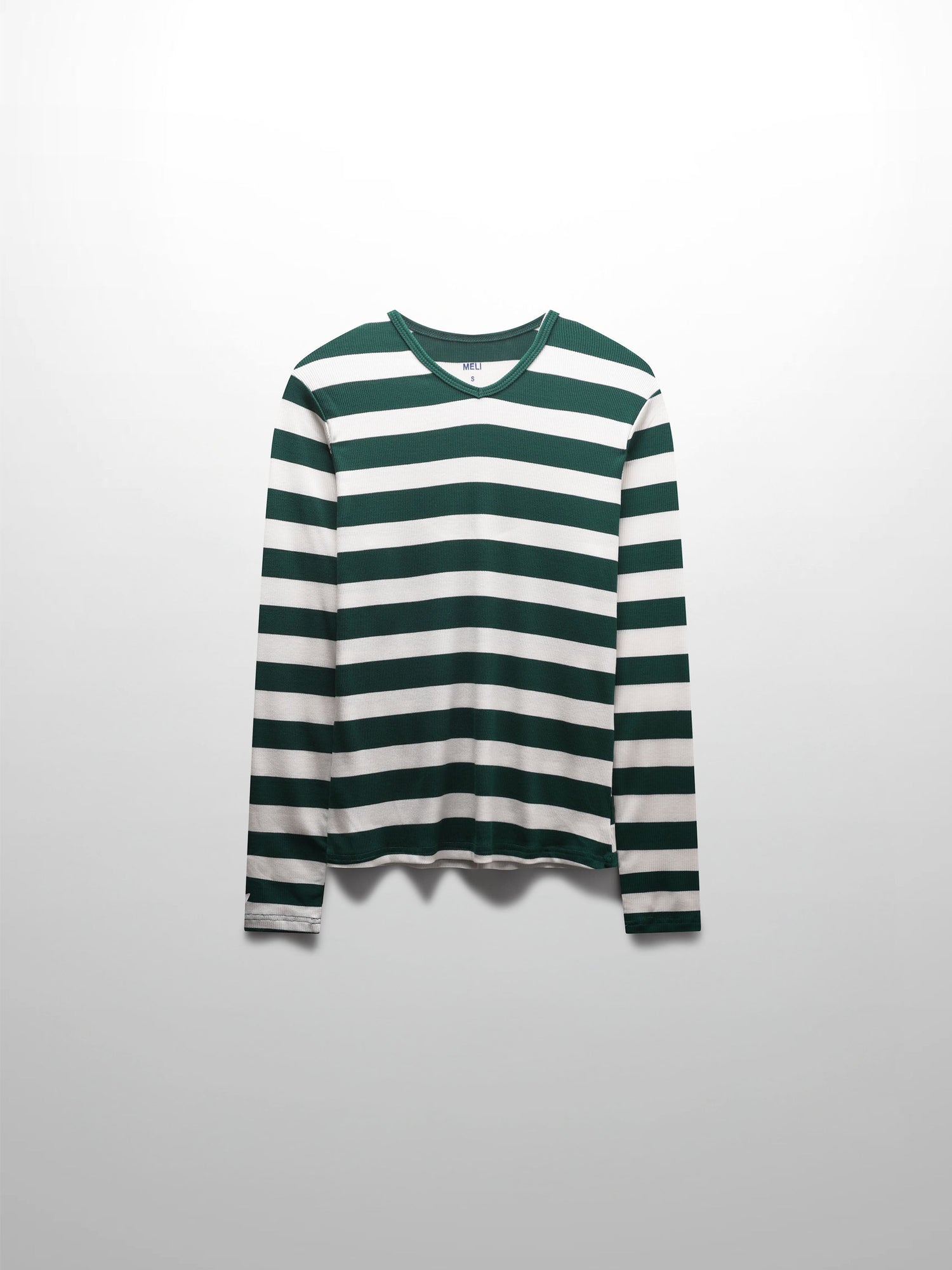 Ribbed Striped High V Tee Long Sleeve-Green/Ivory