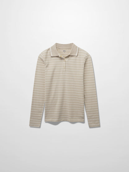 Striped Collar Snap Tee-Tan/White
