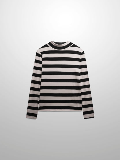 Striped Ribbed Turtleneck-Black/Cream