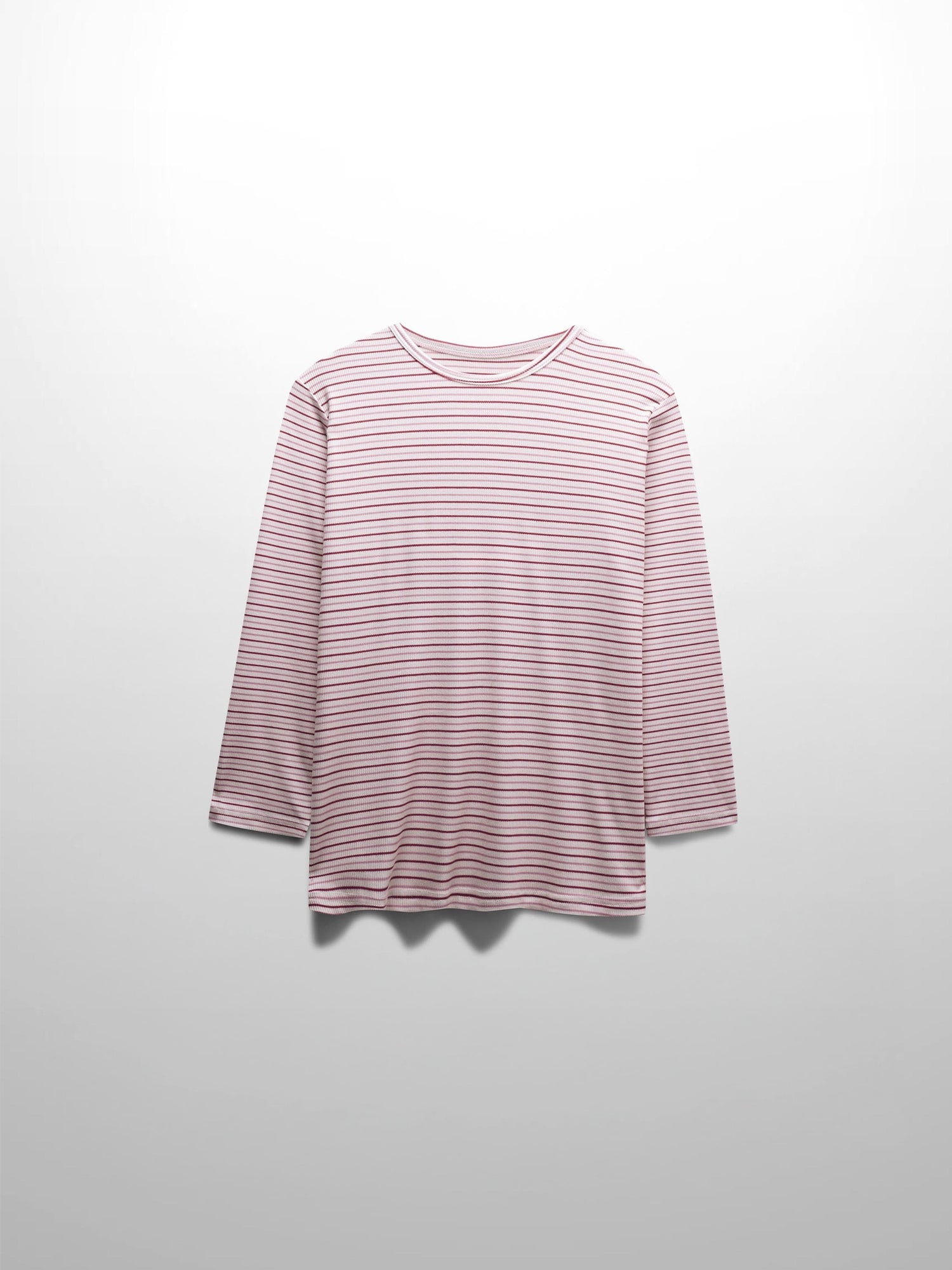 Ribbed Striped Crew 3/4 Sleeve-Pink/Raspberry
